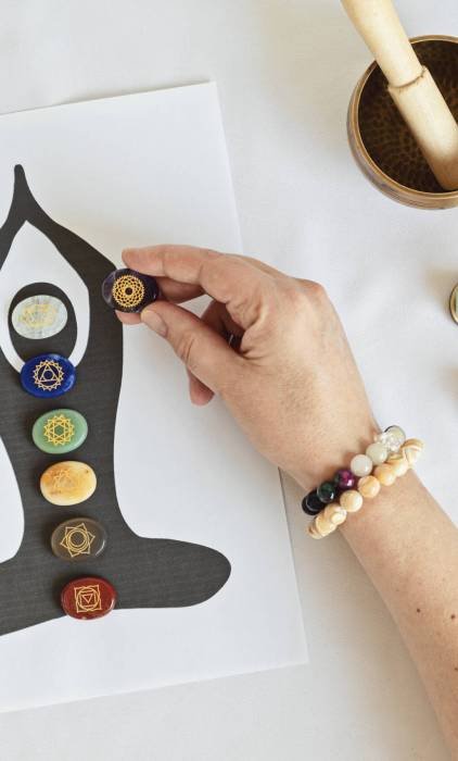 Healing chakra crystal grid therapy. Rituals with gemstones for wellness, healing, meditation, destress, relaxation, mental health, spiritual practices. Energetical power concept